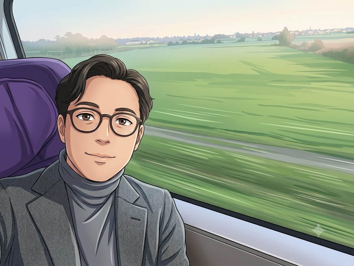 車窓から景色を眺めるMichiのイラスト